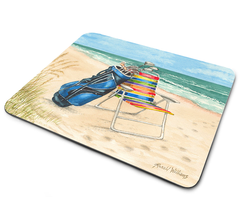 Mouse Pad - Golf Clubs and Beach Chair On the Beach