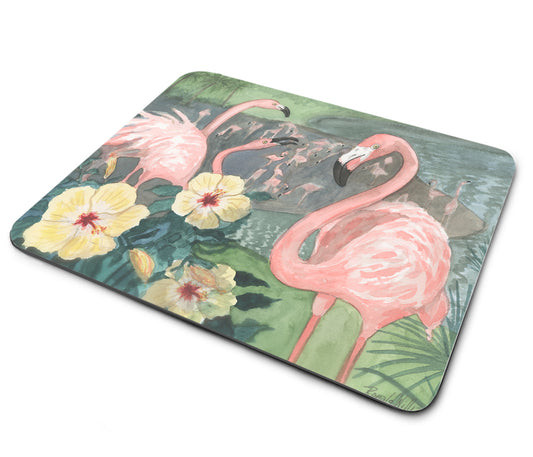 Mouse Pad - Pink Flamingos and Flowers