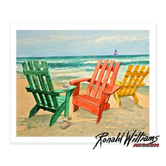 Prints - Three Colorful Adirondack Chairs on the Beach