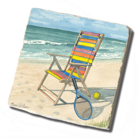 Coaster - Tumbled Tile Beach Chair and Tennis Racquet on the Beach