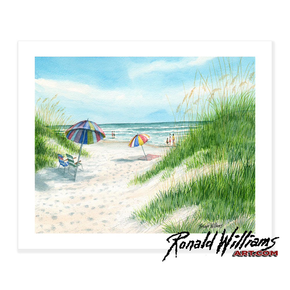 Prints - Beach Chairs and Umbrellas Between The Sand Dunes By The Ocean