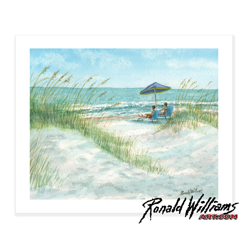 Prints - Couple Sitting Under Beach Umbrella On The Beach