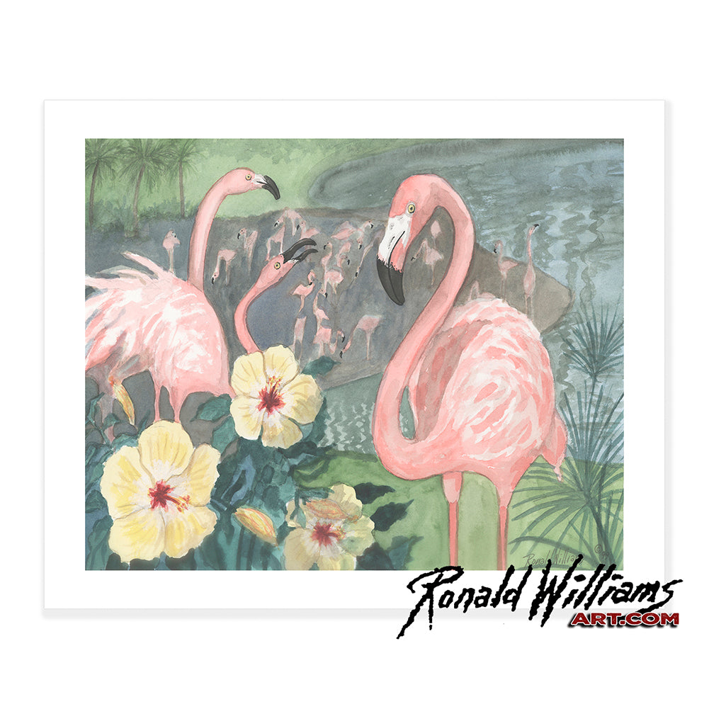 Prints - Pink Flamingos and Flowers